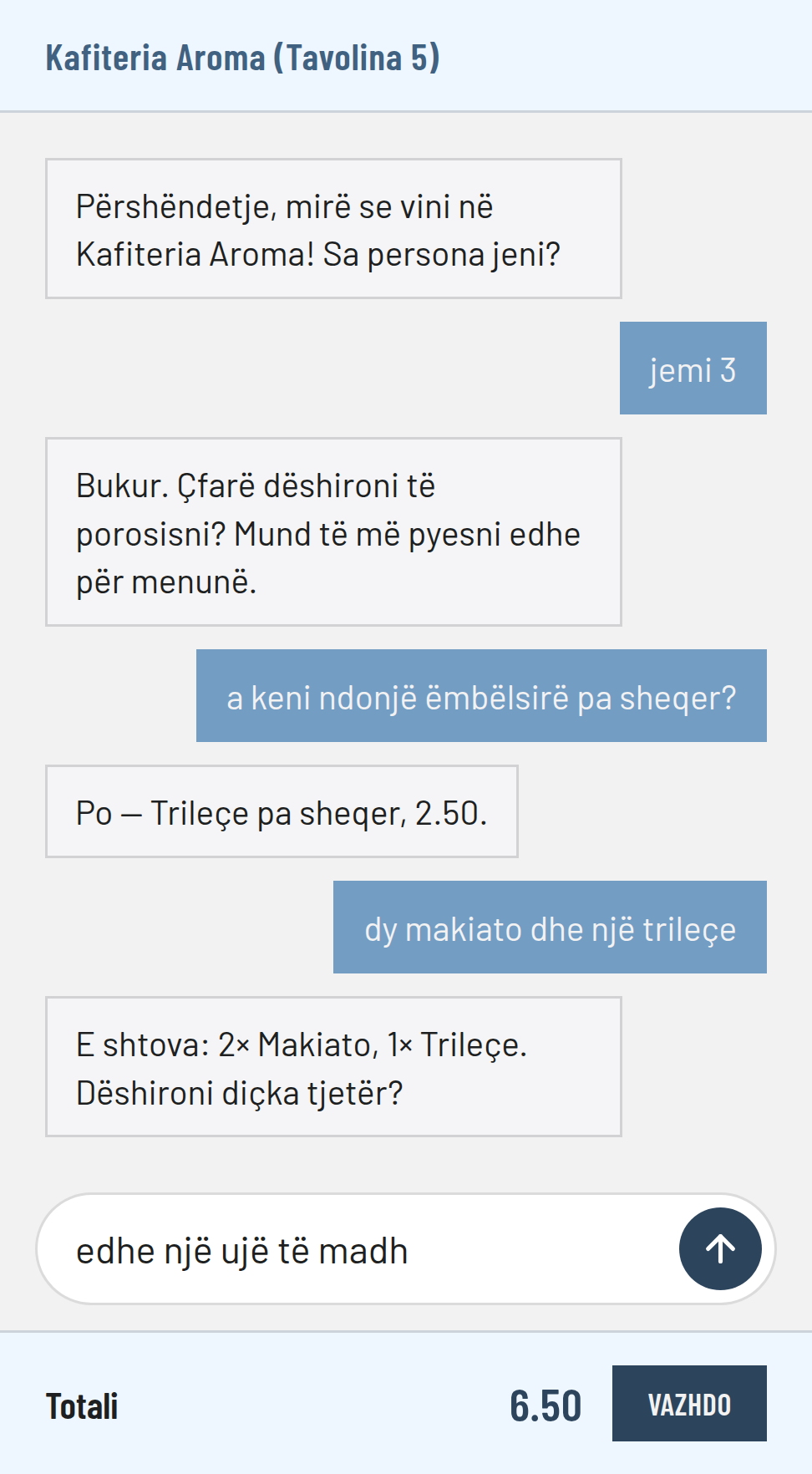 Asistenti i porosive i Scanord në telefon: klienti shkruan çfarë dëshiron dhe asistenti e ndërton porosinë