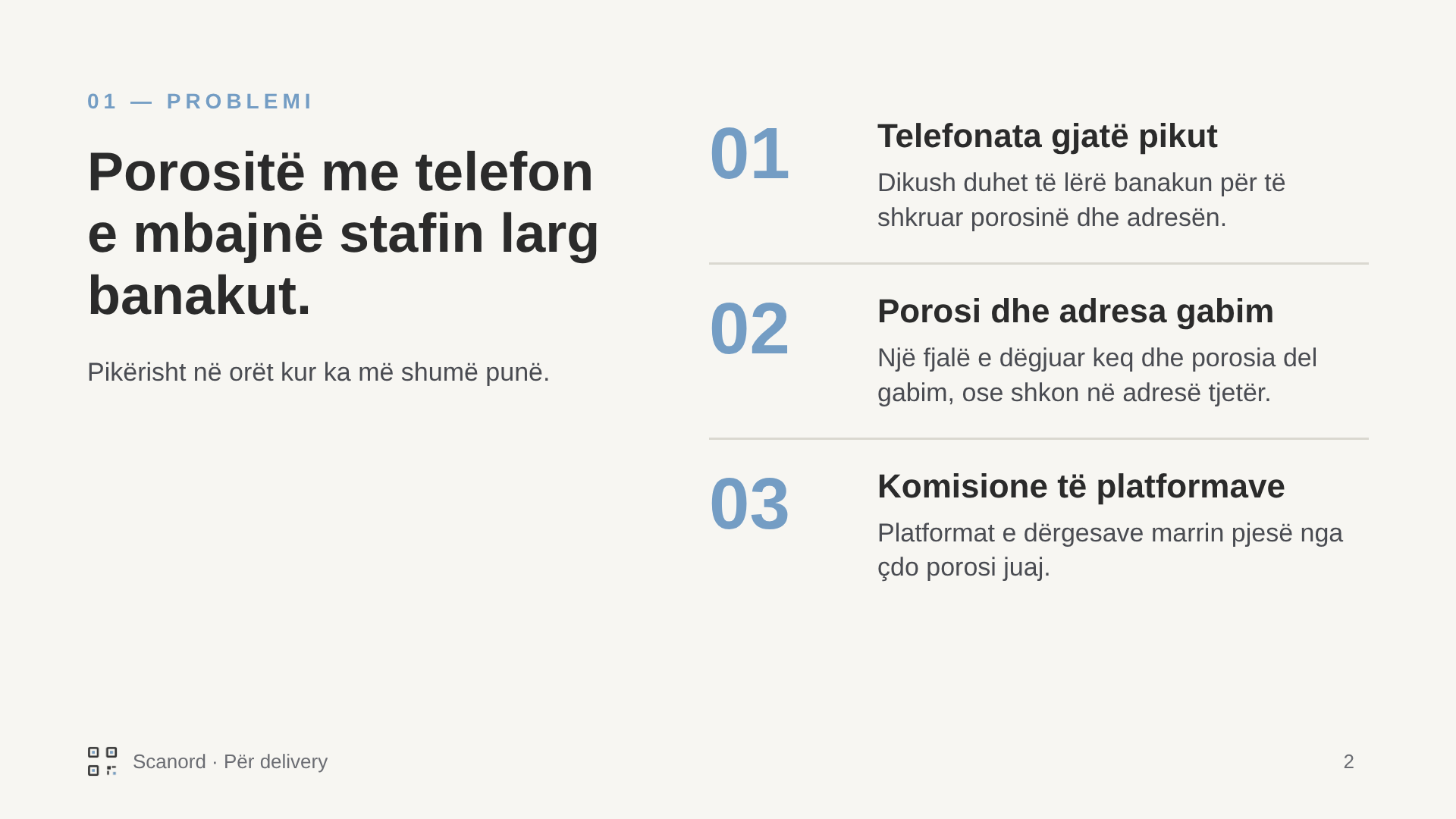 Problemi: porositë me telefon e mbajnë stafin larg banakut, pikërisht në orët kur ka më shumë punë. Telefonata gjatë pikut, porosi dhe adresa gabim, dhe komisione të platformave të dërgesave për çdo porosi.
