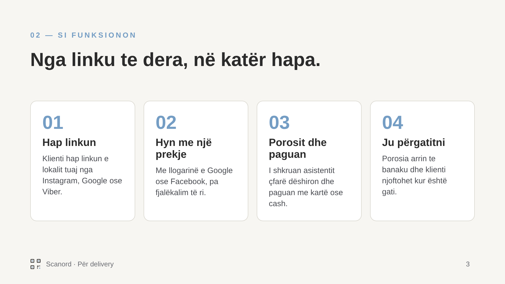 Si funksionon: nga linku te dera, në katër hapa. Klienti hap linkun e lokalit nga Instagram, Google ose Viber, hyn me një prekje me Google ose Facebook, i shkruan asistentit çfarë dëshiron dhe paguan me kartë ose cash, dhe ju e përgatitni porosinë dhe klienti njoftohet kur është gati.
