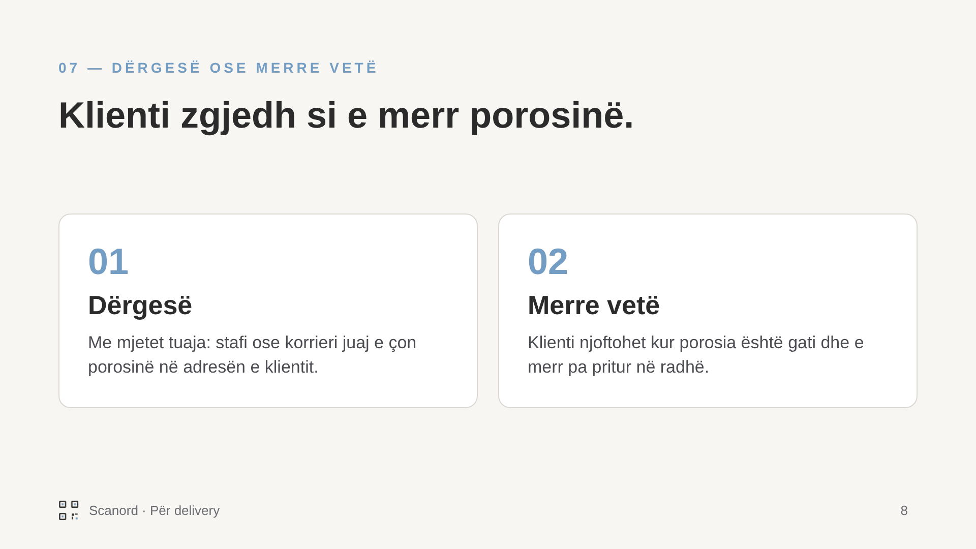 Dërgesë ose merre vetë: klienti zgjedh si e merr porosinë. Dërgesë me mjetet tuaja, kur stafi ose korrieri juaj e çon në adresën e klientit, ose merre vetë, kur klienti njoftohet që porosia është gati dhe e merr pa pritur në radhë.