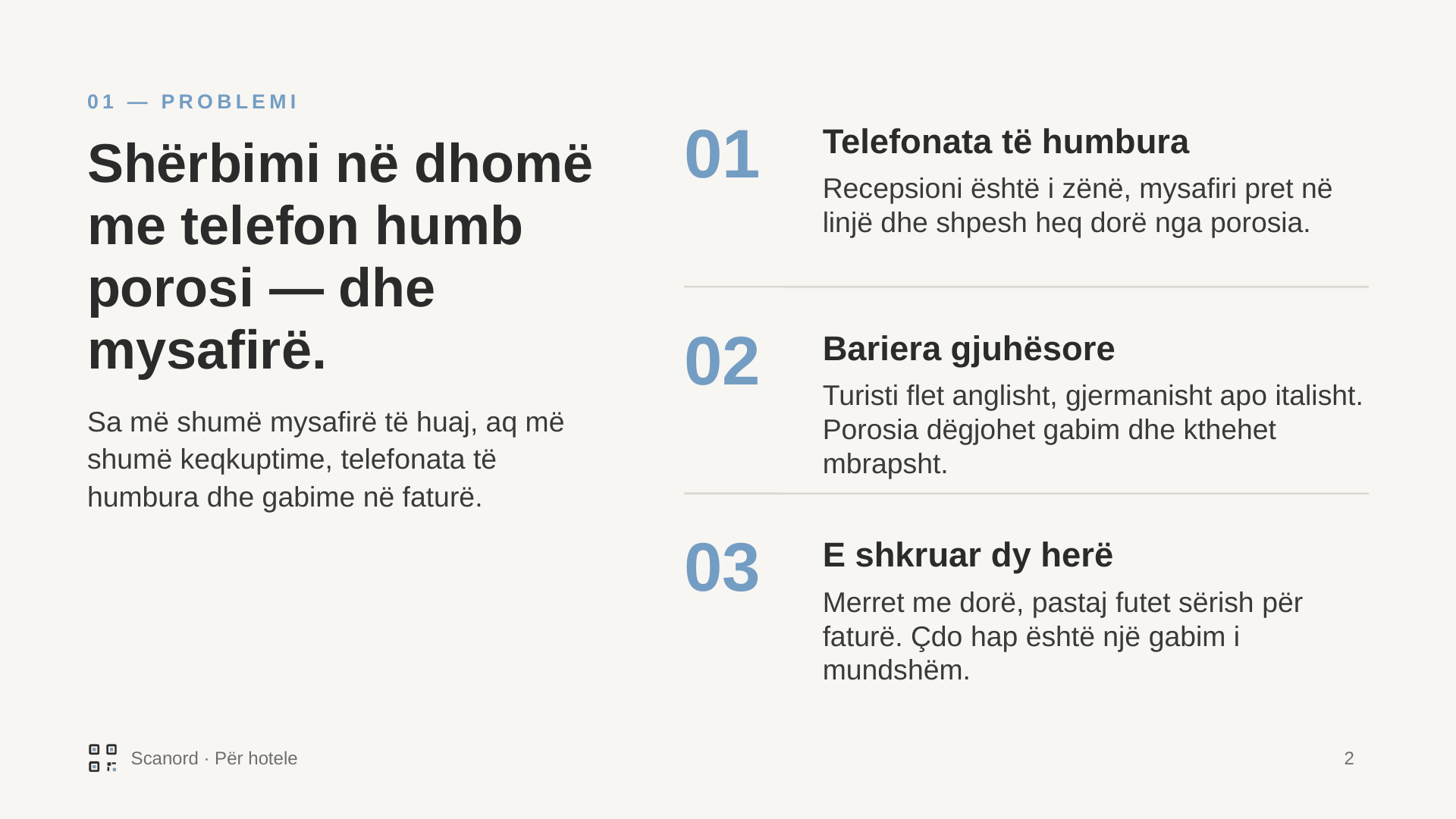 Problemi: shërbimi në dhomë me telefon humb porosi dhe mysafirë. Telefonata të humbura kur recepsioni është i zënë, barriera gjuhësore me turistët, dhe porosi e shkruar dy herë, me dorë dhe pastaj për faturë.