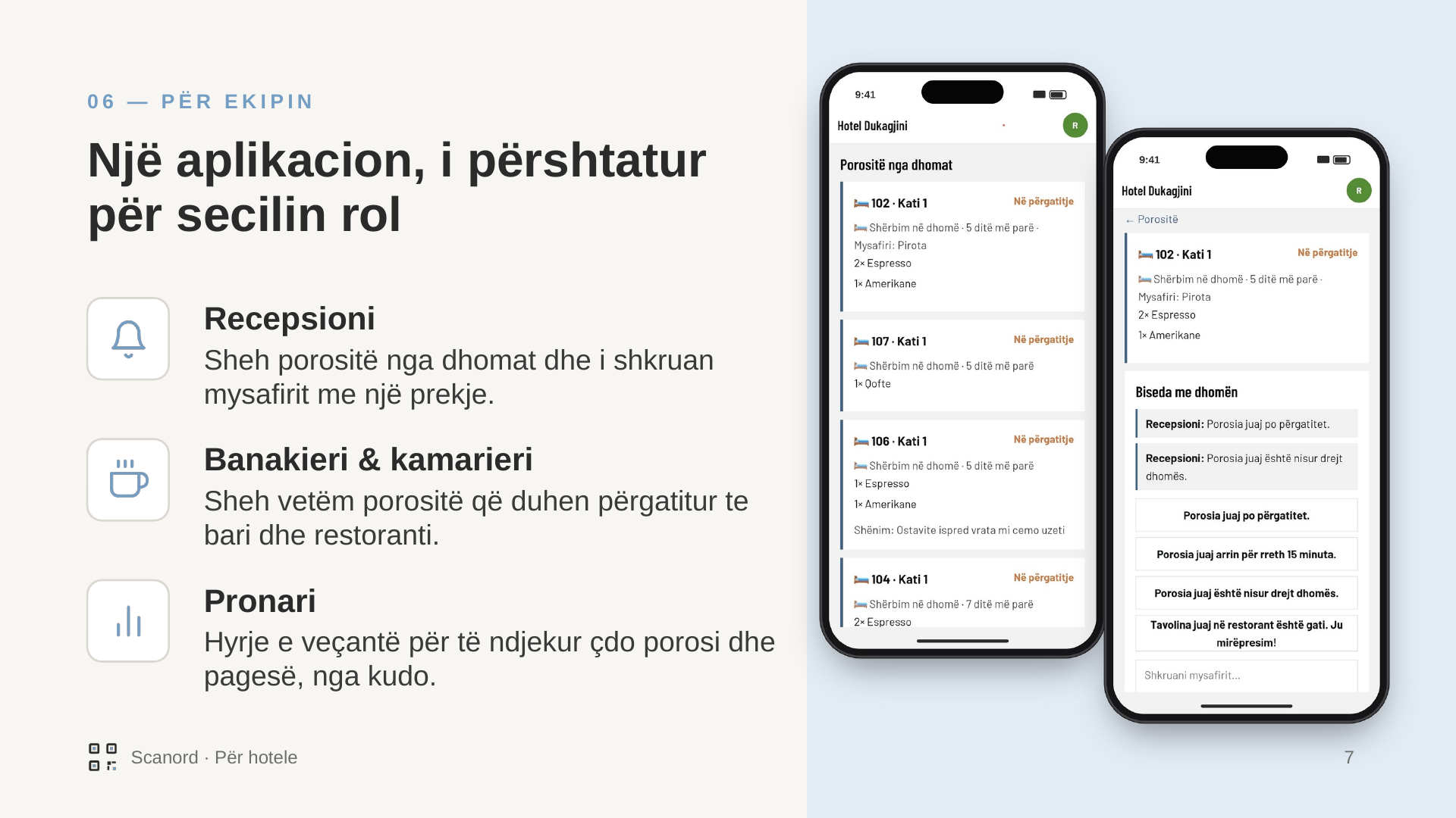 Për ekipin, një aplikacion i përshtatur për secilin rol: recepsioni sheh porositë nga dhomat, banakieri dhe kamarieri shohin vetëm atë që duhet përgatitur, pronari ndjek çdo porosi dhe pagesë nga kudo.